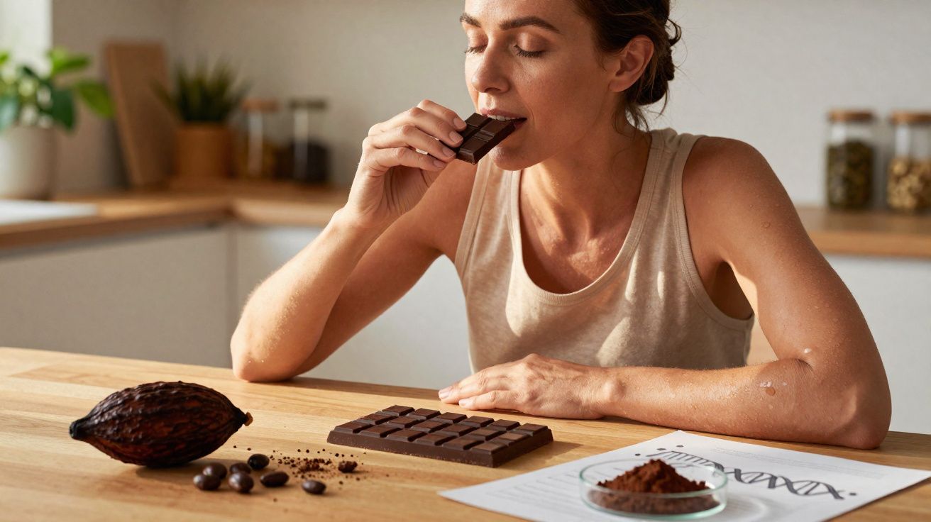 Mulher saboreando chocolate em barra sentada à mesa com cacau, sementes e pó de cacau ao redor.