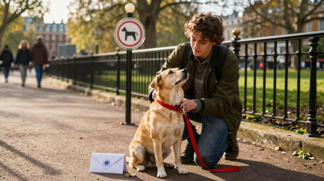 Jovem agachado ao lado de cachorro com coleira vermelha em parque com placa de cachorro ao fundo.