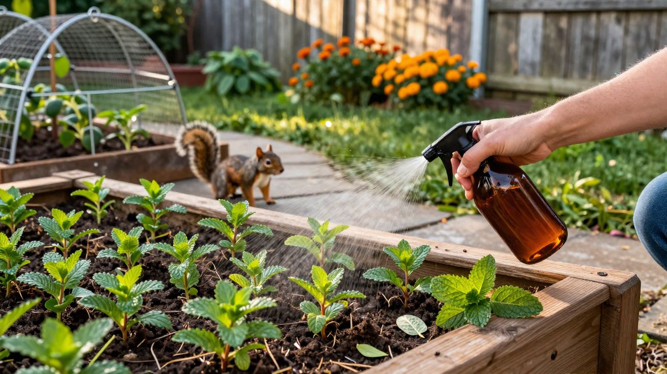 Mão borrifando água em plantas rasteiras em canteiro de madeira, com esquilo e flores ao fundo.
