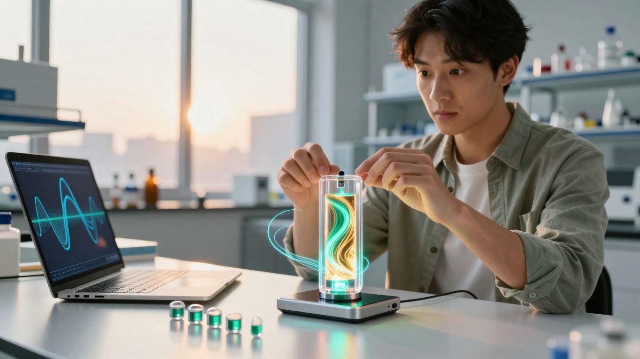 Jovem cientista manipulando um dispositivo tecnológico com holograma colorido em laboratório moderno.