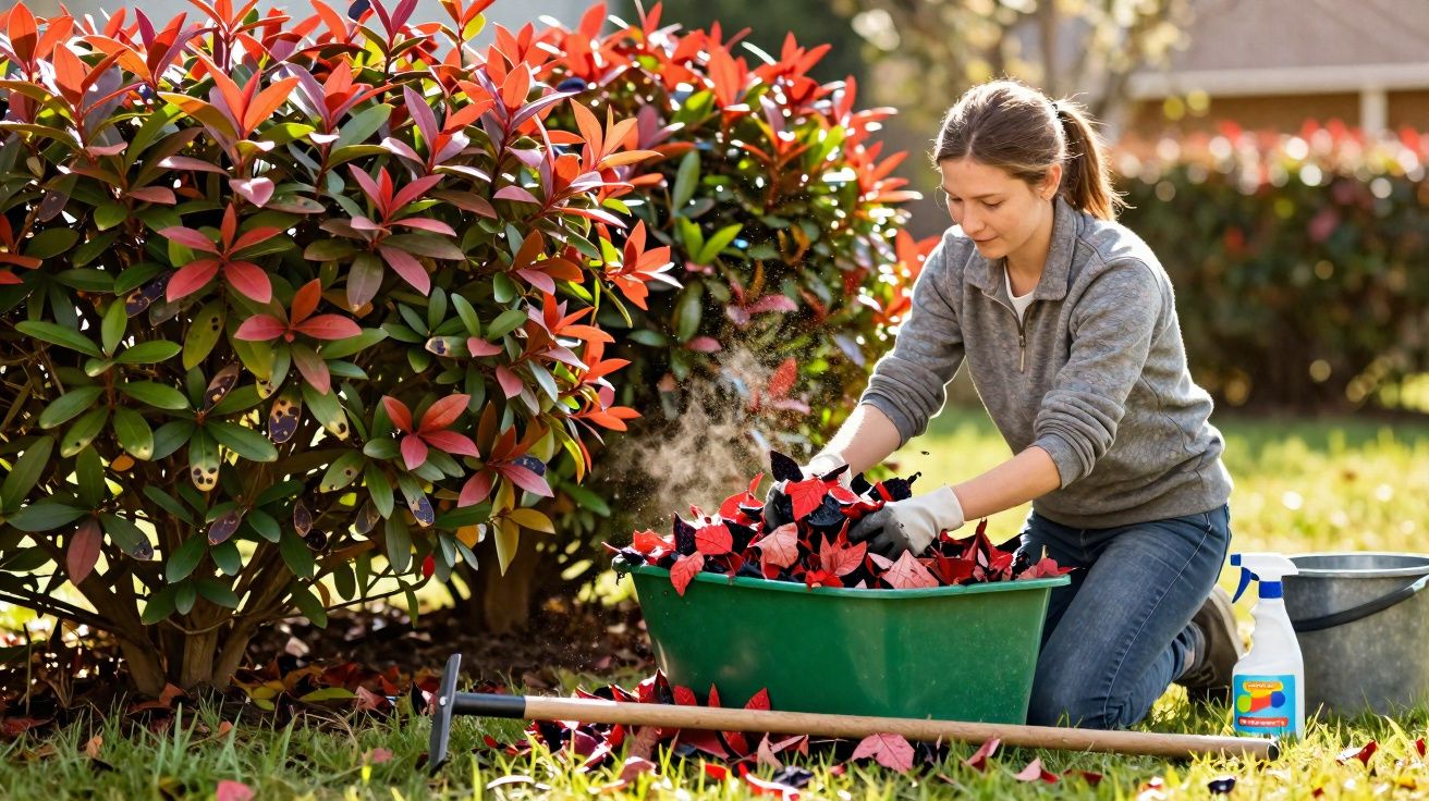 Mulher recolhendo folhas vermelhas em jardim com luvas, ao lado de regador e ferramenta de jardinagem.
