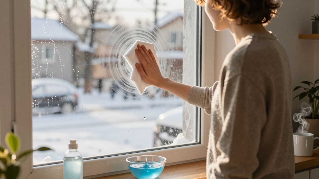 Pessoa limpando janela de vidro com pano branco, luz natural e ambiente aconchegante na cozinha.