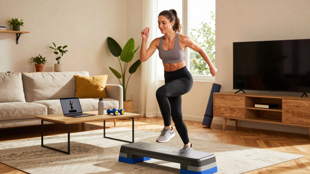 Mulher fazendo exercício de step em sala de estar com tapete, sofá, TV e laptop aberto.