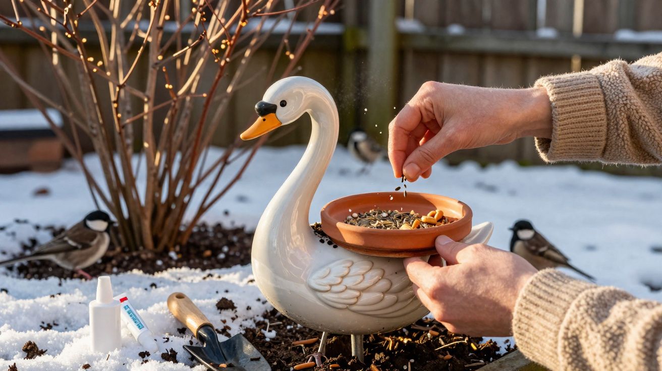 Mãos alimentando pássaros com sementes em um comedouro de cerâmica em forma de cisne na neve.
