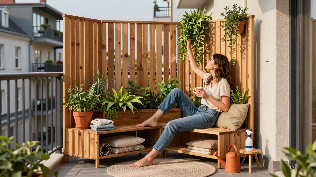 Mulher relaxa em varanda cuidando de plantas em vasinhos com banco e decoração em madeira.