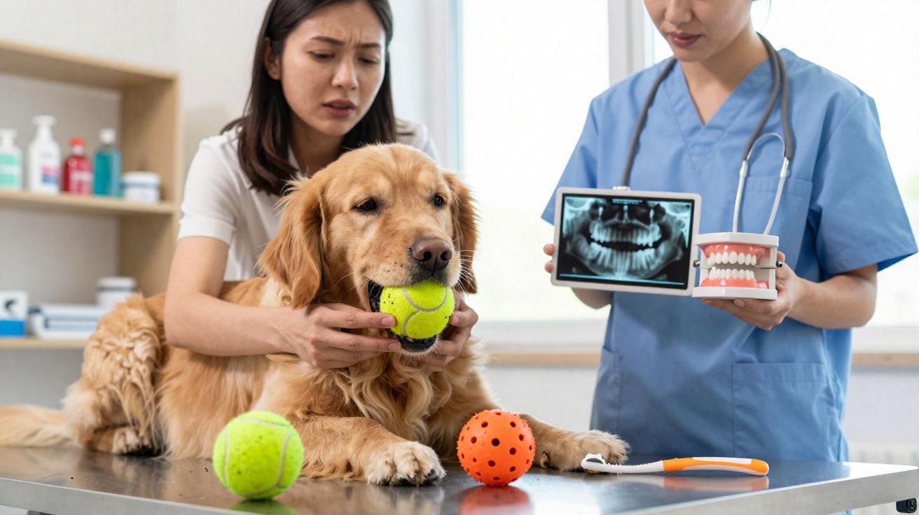 Veterinária com raio-x dental e modelo de dentes, tutora e cão dourado na mesa de exame veterinário.