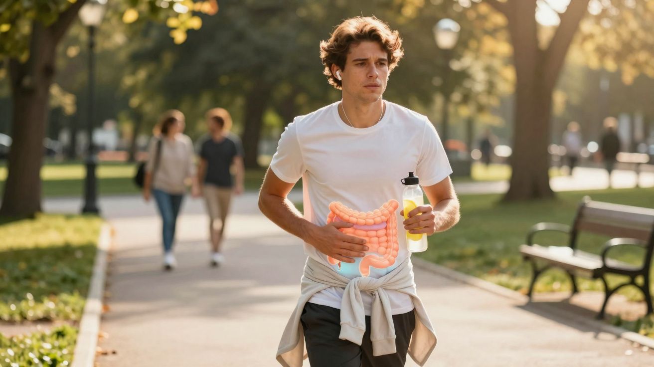 Homem com expressão de dor segurando a barriga com imagem ilustrativa do intestino em um parque.