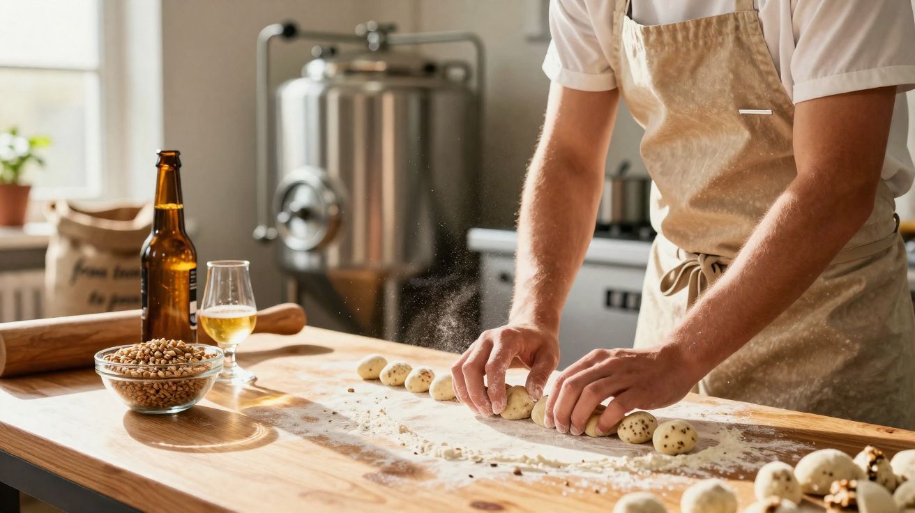 Pessoa preparando bolinhas de massa com sementes em bancada de madeira em cozinha iluminada.