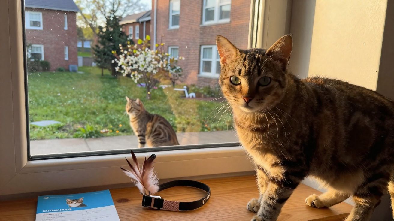 Gato malhado dentro de casa próximo à janela, com outro gato e casas ao fundo, ao entardecer.