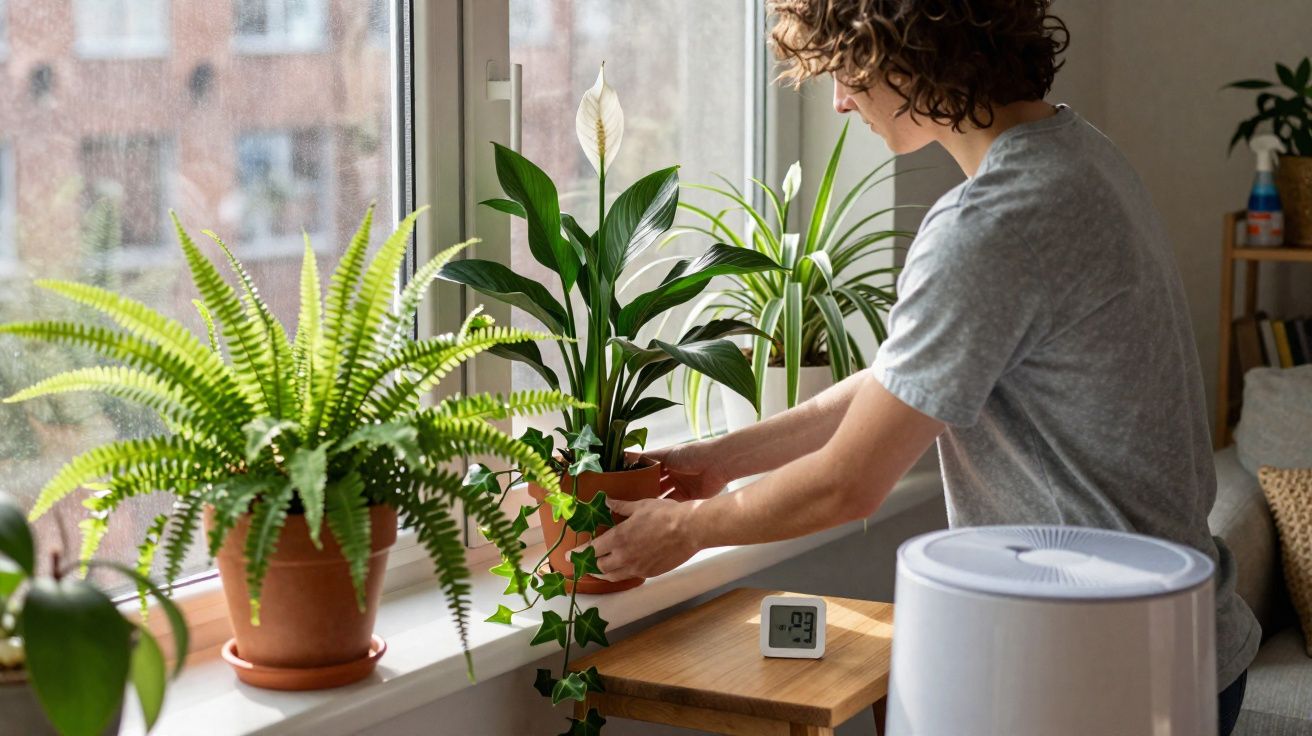 Pessoa cuidando de plantas em vasos sobre o parapeito de uma janela em ambiente interno iluminado.