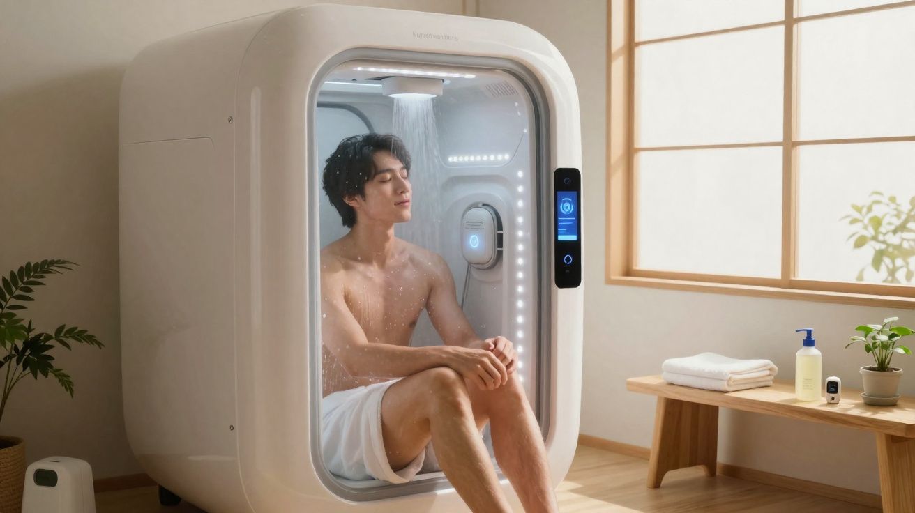 Homem sentado em cabine de banho futurista com luzes internas em ambiente arejado e iluminação natural.
