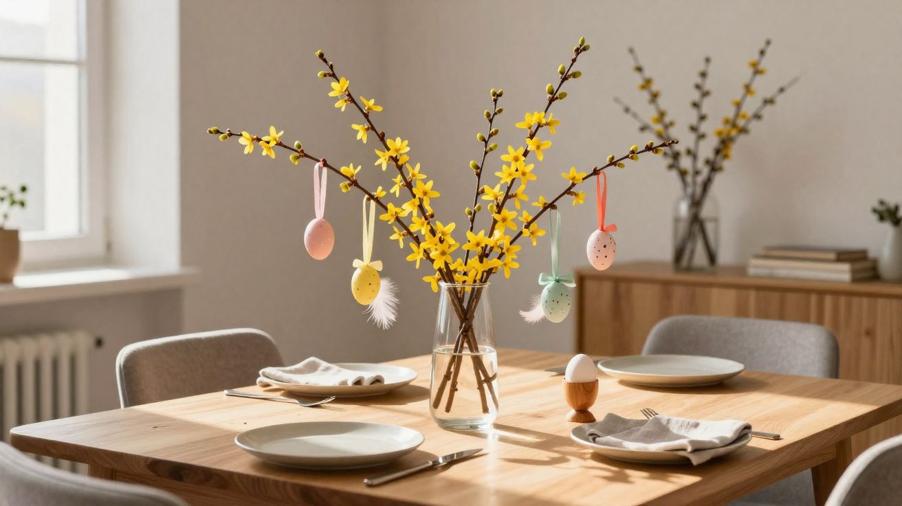 Sala de jantar iluminada com arranjo de galhos floridos e enfeites de ovos de Páscoa na mesa de madeira.