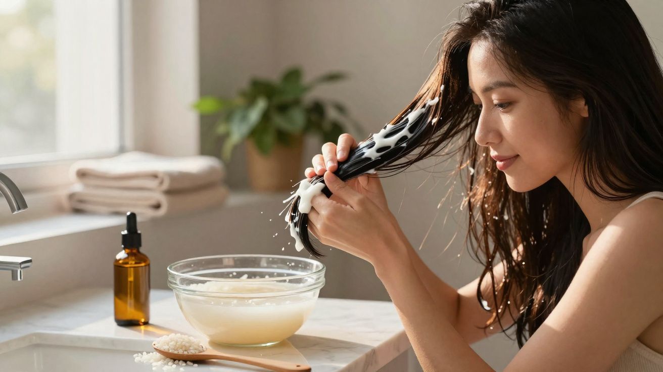 Mulher aplicando máscara capilar em cabelos molhados no banheiro com produtos sobre a pia.
