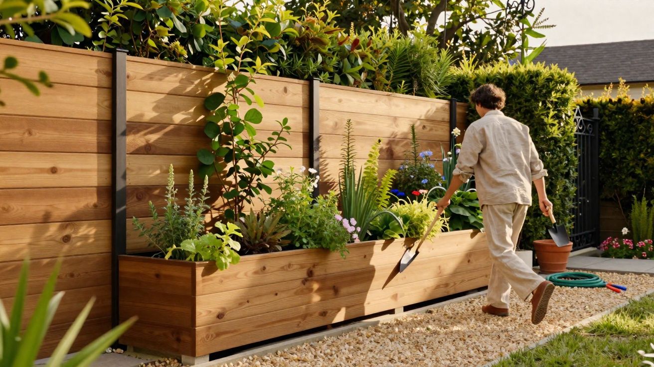Pessoa cuidando de plantas em jardim com canteiro de madeira e cerca ao fundo em área externa.