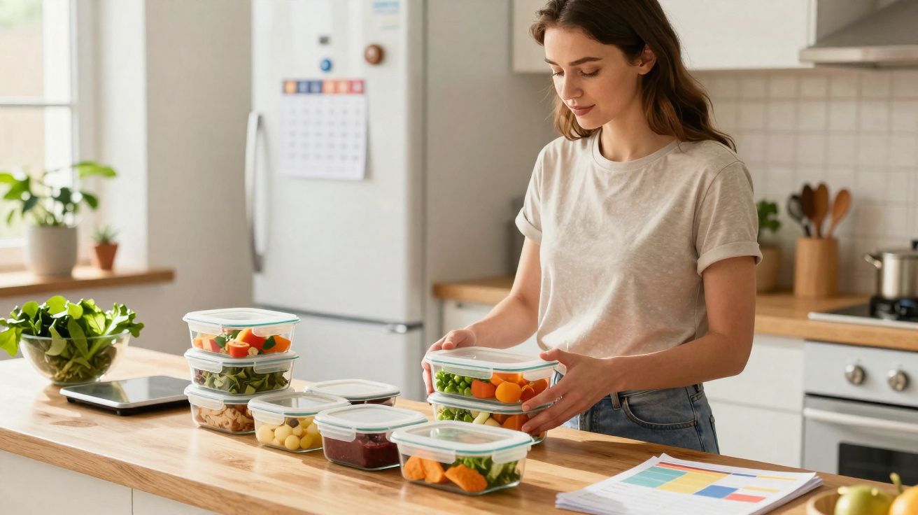 Mulher organizando marmitas com alimentos variados e saudáveis em cozinha moderna.