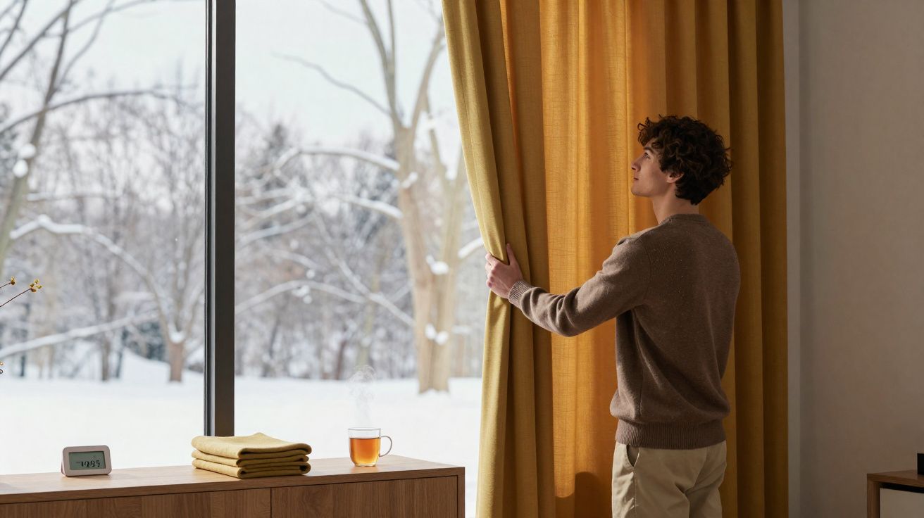 Homem abre cortina amarela olhando para paisagem de inverno com neve do lado de fora da janela.