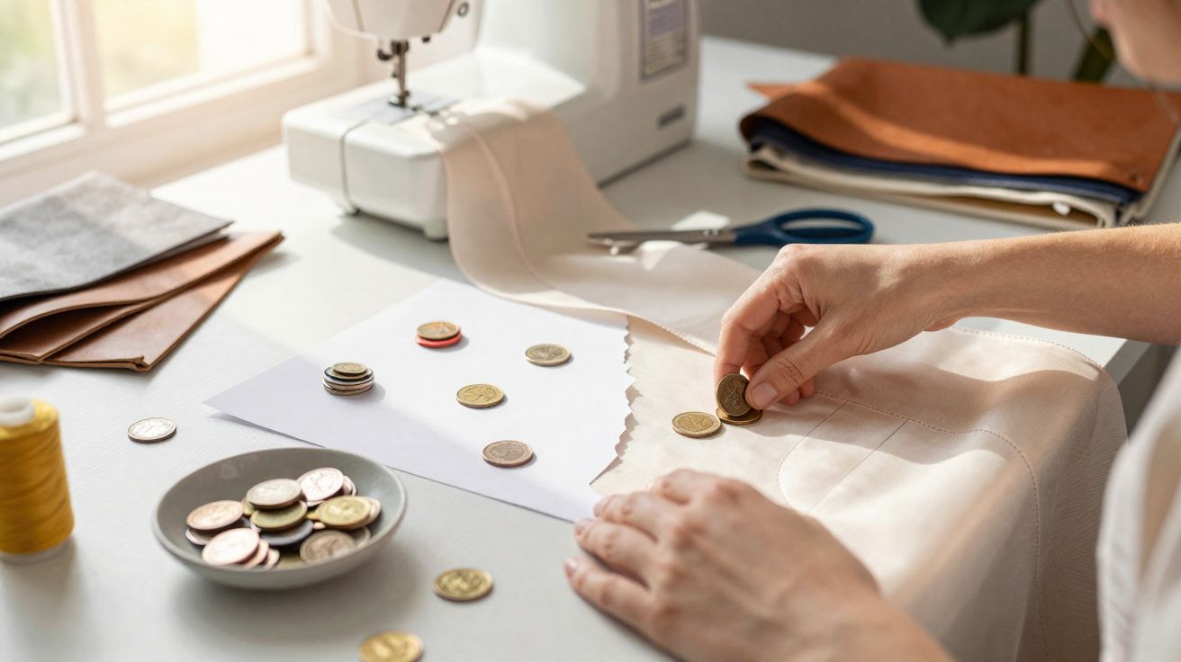 Mãos organizando moedas sobre tecido claro ao lado de máquina de costura e tesoura em mesa iluminada.