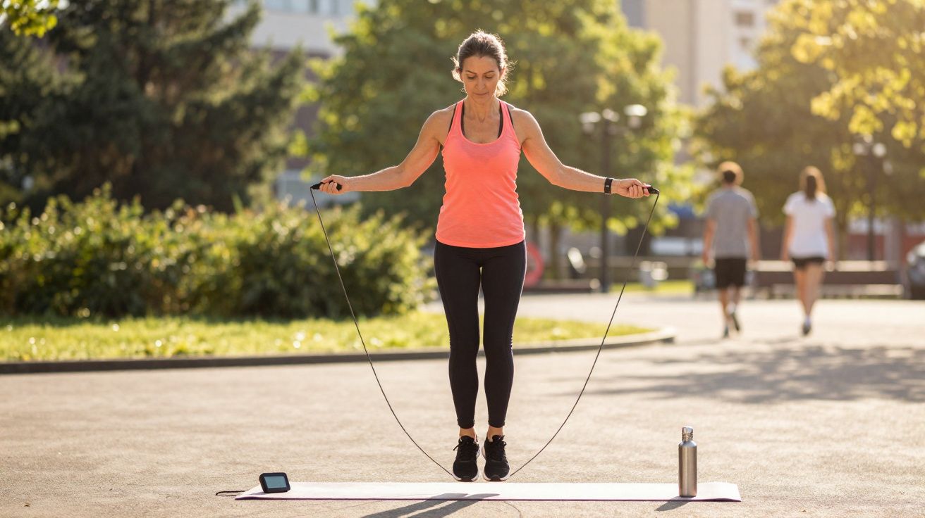 Mulher pulando corda em área externa com tapete de yoga, garrafa e monitor próximos no chão.