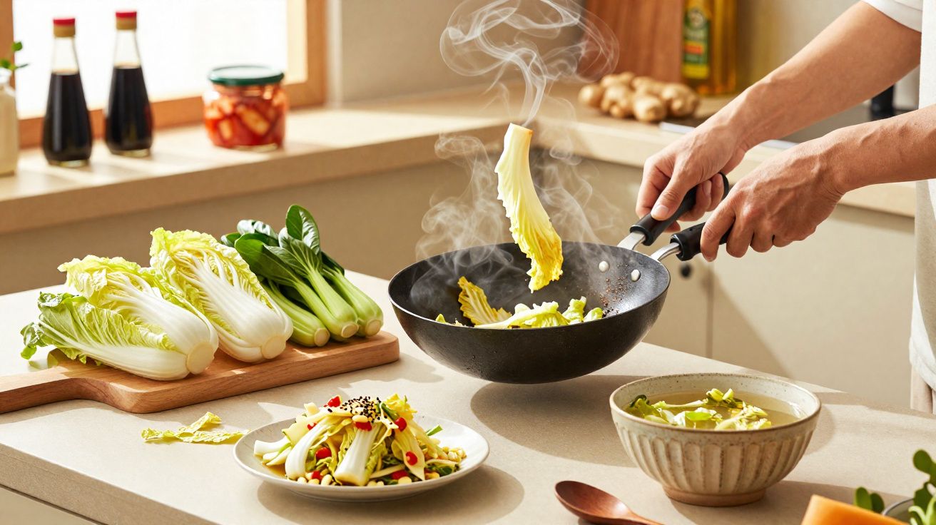 Cozinheiro mexe couve chinesa em wok com pratos e legumes frescos em bancada de cozinha iluminada.