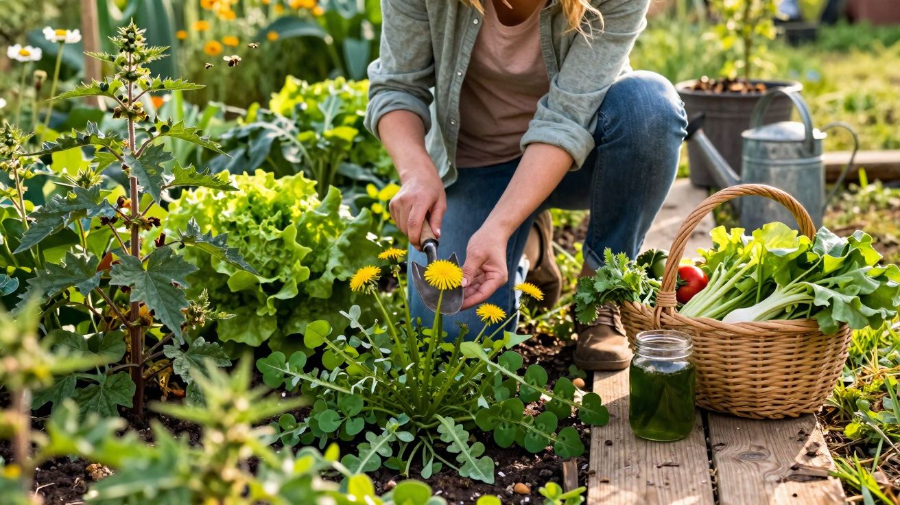 Pessoa cortando dente-de-leão em horta com cesta de legumes frescos ao lado.