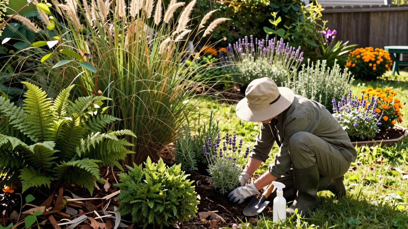 Pessoa agachada cuidando de plantas em jardim florido com luvas, chapéu e regador branco ao lado.