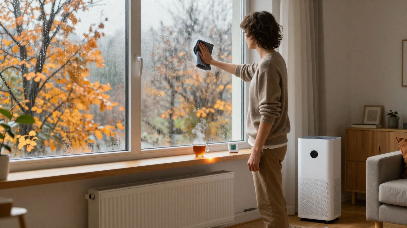 Pessoa limpando janela em dia chuvoso com árvore de folhas alaranjadas ao fundo, dentro de sala aconchegante.
