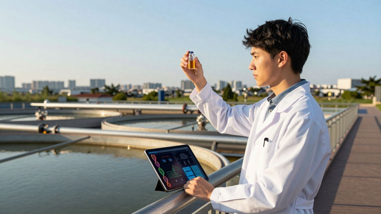 Cientista analisa amostra líquida em estação de tratamento de água com tablet na mão ao entardecer.