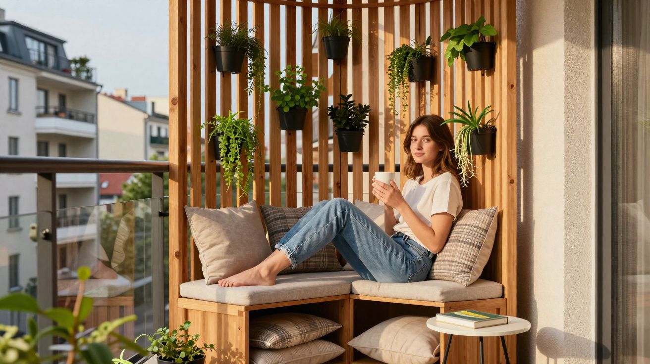 Jovem sentada em varanda com plantas, tomando café, em banco de madeira com almofadas.