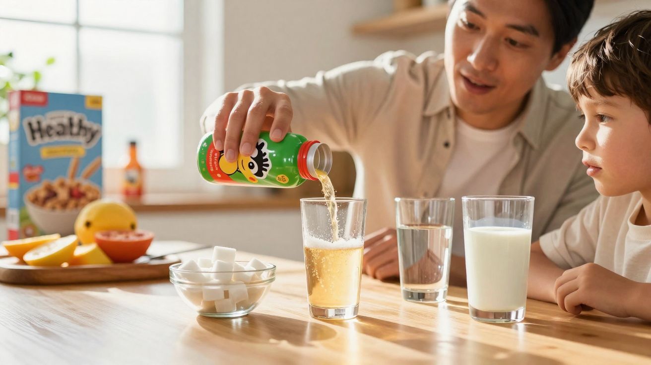 Homem e criança olhando suco sendo servido em copo em mesa com açúcar, leite e frutas ao fundo.