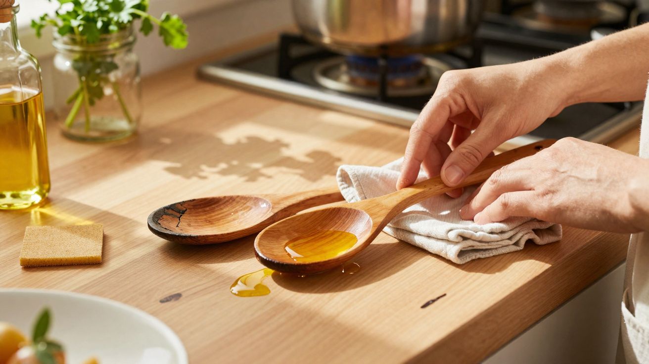 Mãos segurando colher de pau com óleo sobre bancada de cozinha iluminada pelo sol.
