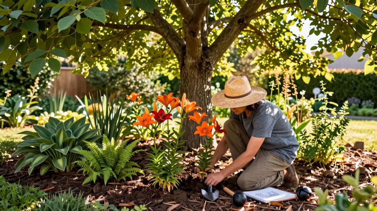 Pessoa com chapéu cuidando de flores ao redor de uma árvore em jardim ensolarado.