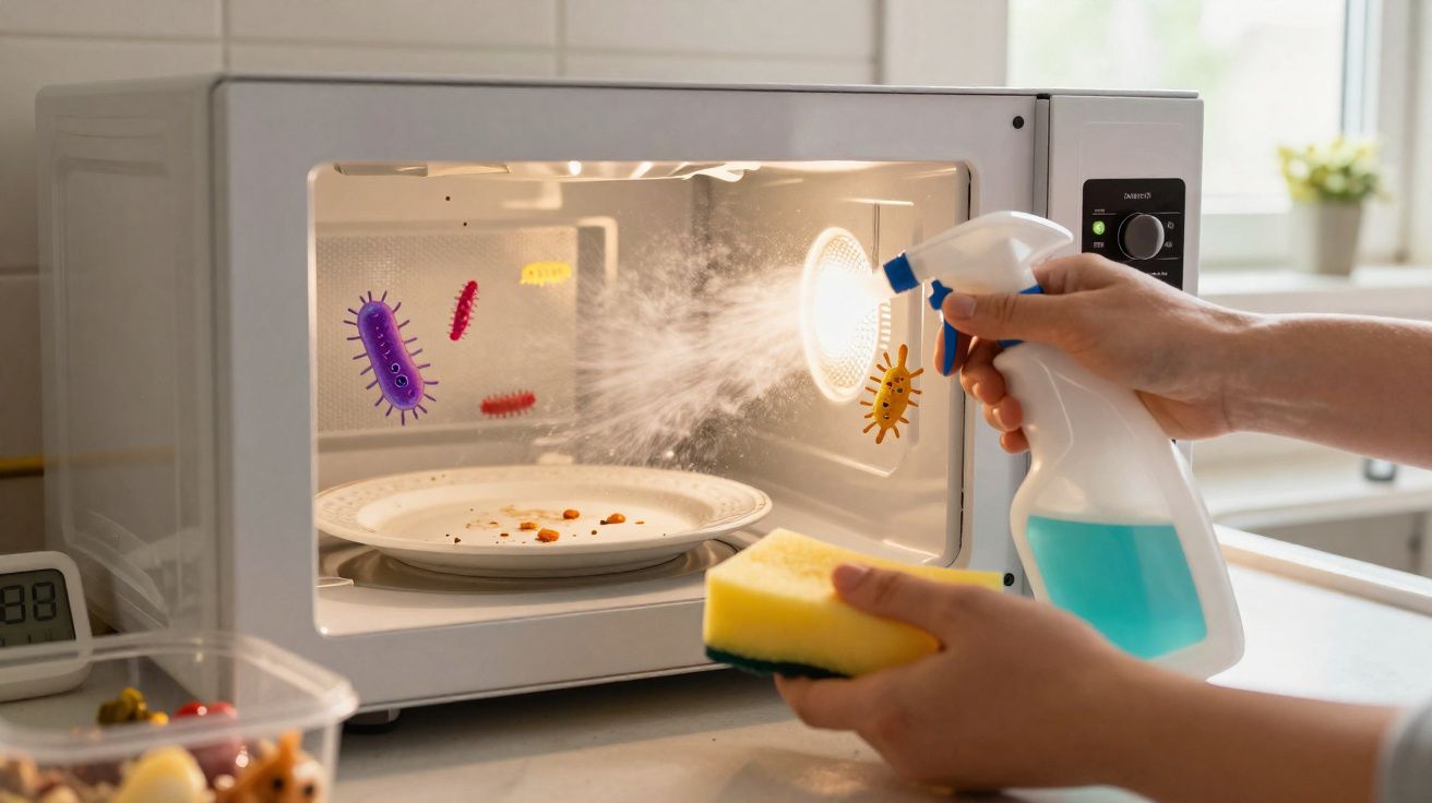 Pessoa desinfetando o interior de um micro-ondas com spray e esponja na cozinha.