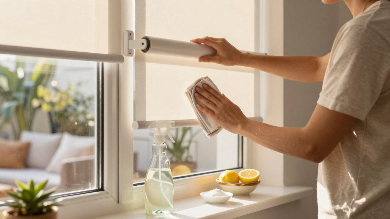 Pessoa limpando persiana branca em janela com spray de limpeza e pano, ambiente iluminado e decorado.