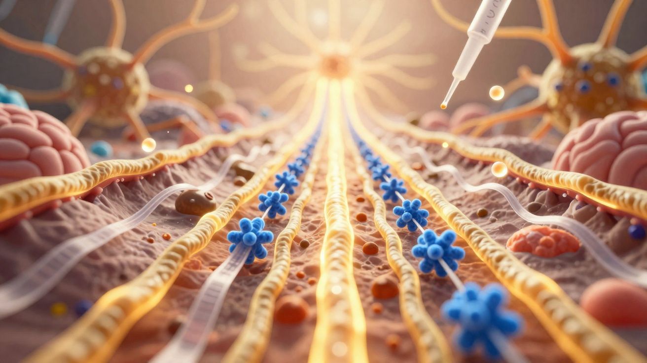 Ilustração 3D de neurônios e sinapses recebendo substância aplicada por uma micropipeta.