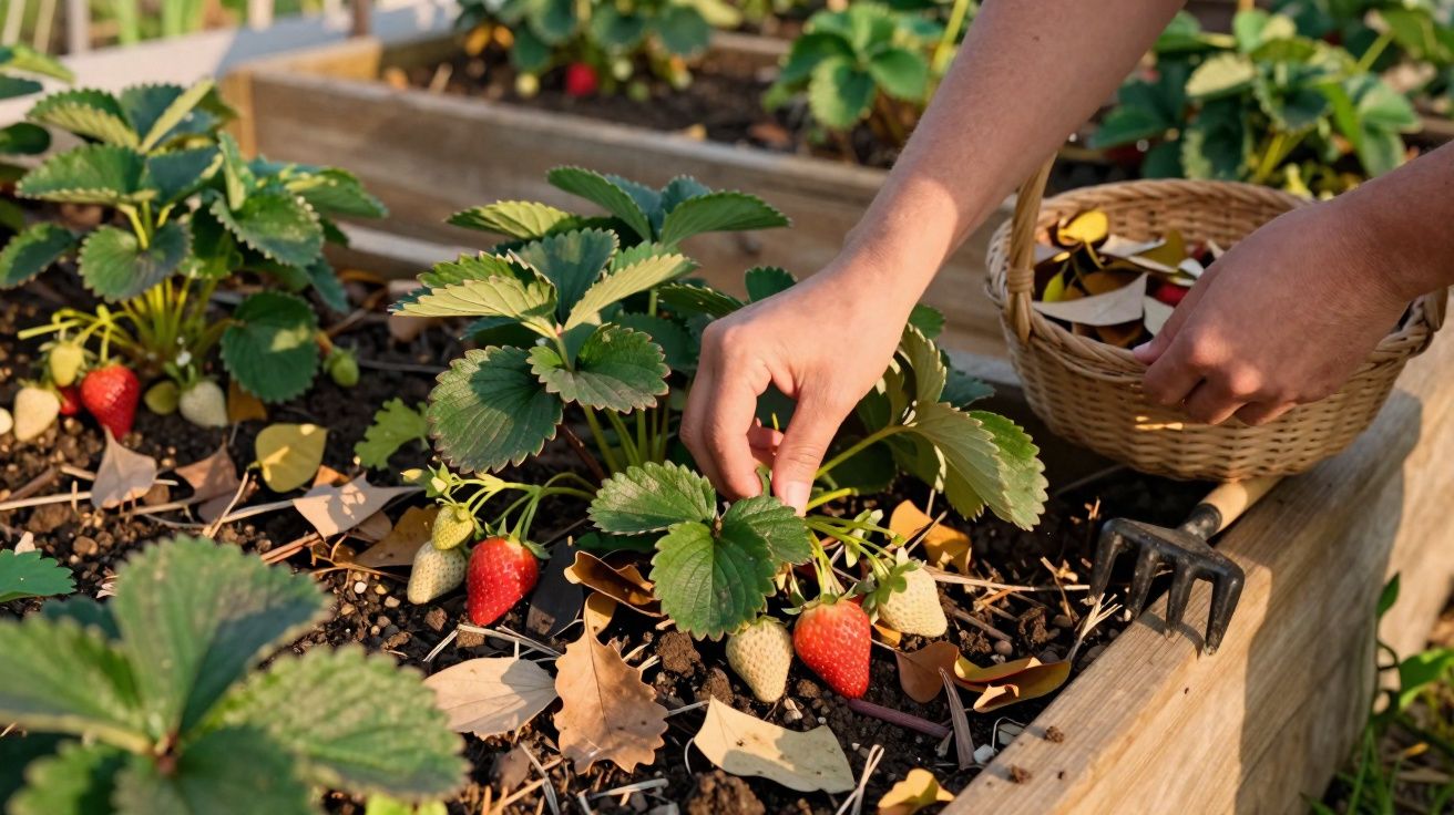 Mãos colhendo morangos em uma horta com morangos maduros, folhas verdes e cesta para a colheita.