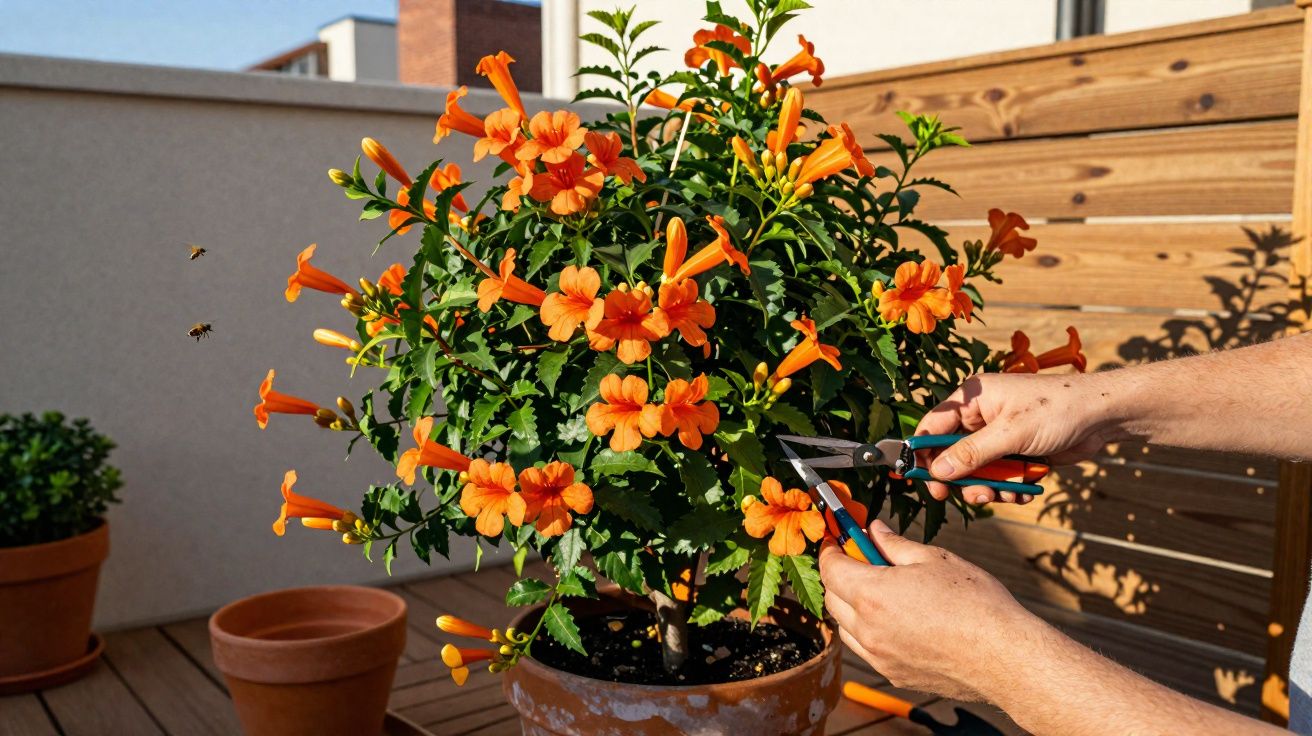 Pessoa podando flores laranjas em vaso de barro em varanda com cerca de madeira.