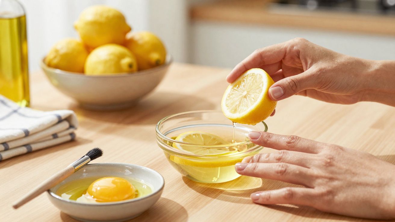 Mãos espremendo limão em tigela com fatias de limão, ao lado de tigela com ovo cru e pincel.