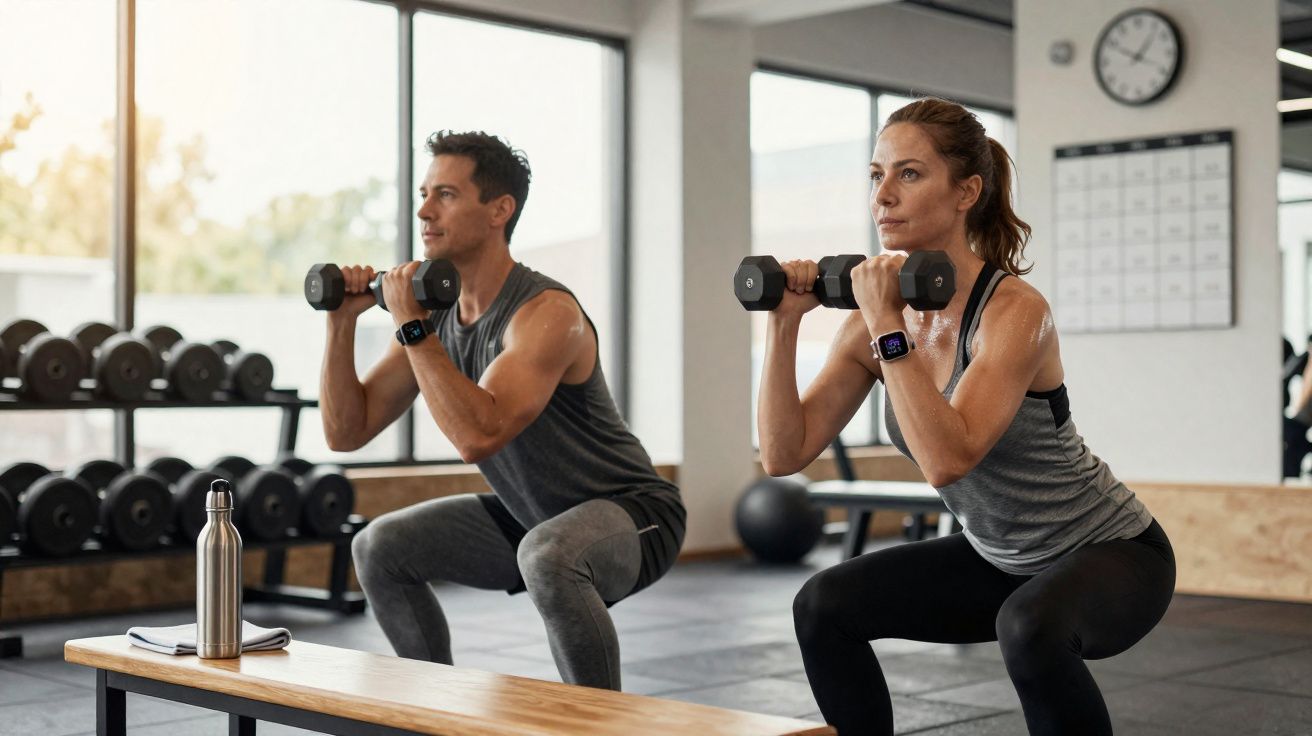 Homem e mulher fazendo agachamento com halteres em academia iluminada e moderna.