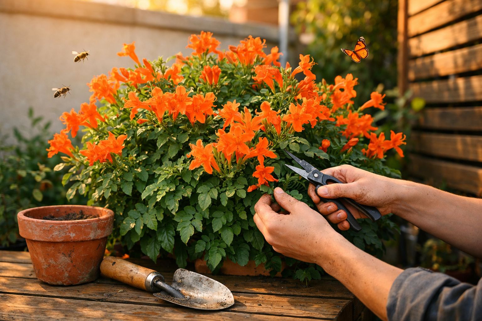 Pessoa podando flores laranjas em vaso, com abelhas e uma borboleta voando ao redor.