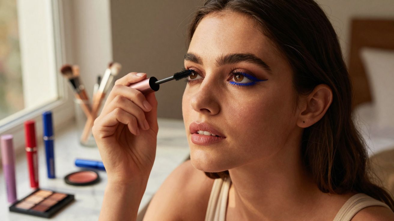Mulher aplicando rímel nos cílios com maquiagem azul nos olhos e produtos de beleza ao fundo.
