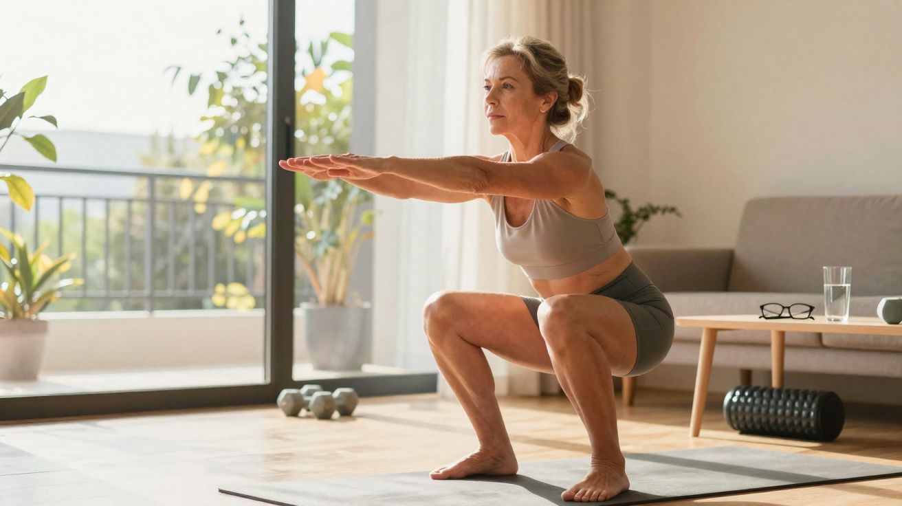 Mulher madura fazendo agachamento em tapete de yoga na sala iluminada e arejada com plantas.