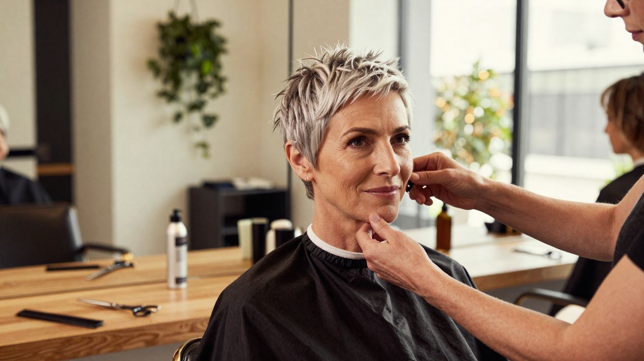 Mulher madura com cabelo curto sendo maquiada em salão de beleza moderno e iluminado.
