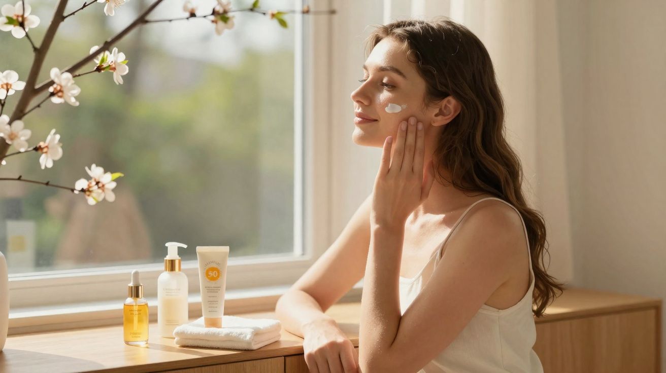Mulher aplicando protetor solar no rosto, sentada perto de janela com produtos de skincare sobre a madeira.