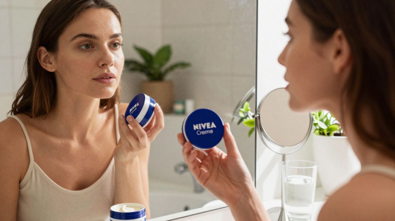 Mulher olhando no espelho segurando pote de creme Nivea, ambiente de banheiro claro e plantas ao fundo.