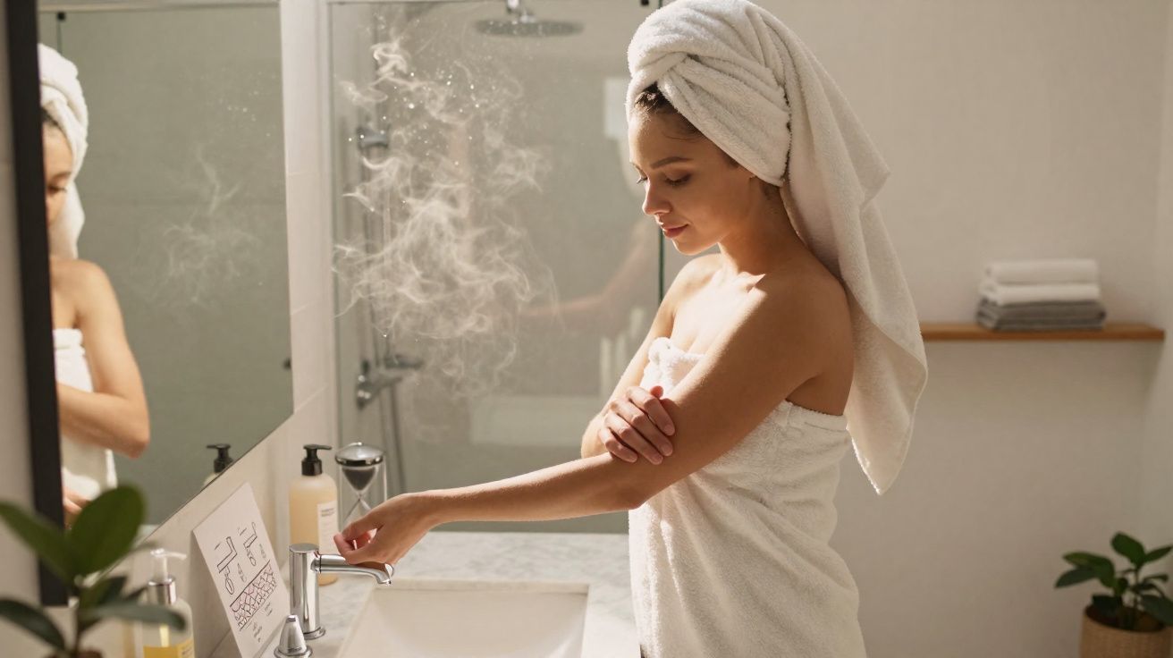 Mulher com toalha no corpo e na cabeça, ajustando torneira de água quente em banheiro moderno e iluminado.