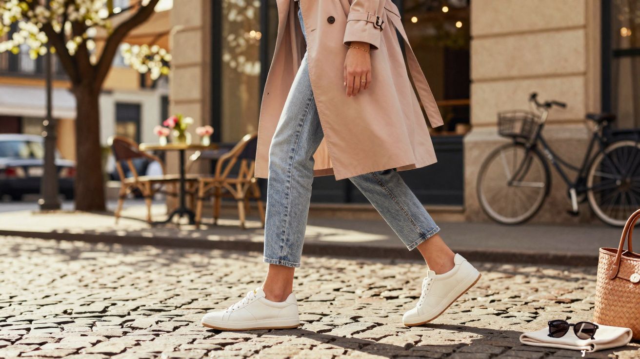 Pessoa caminhando com trench coat bege, jeans e tênis branco em rua de paralelepípedo.