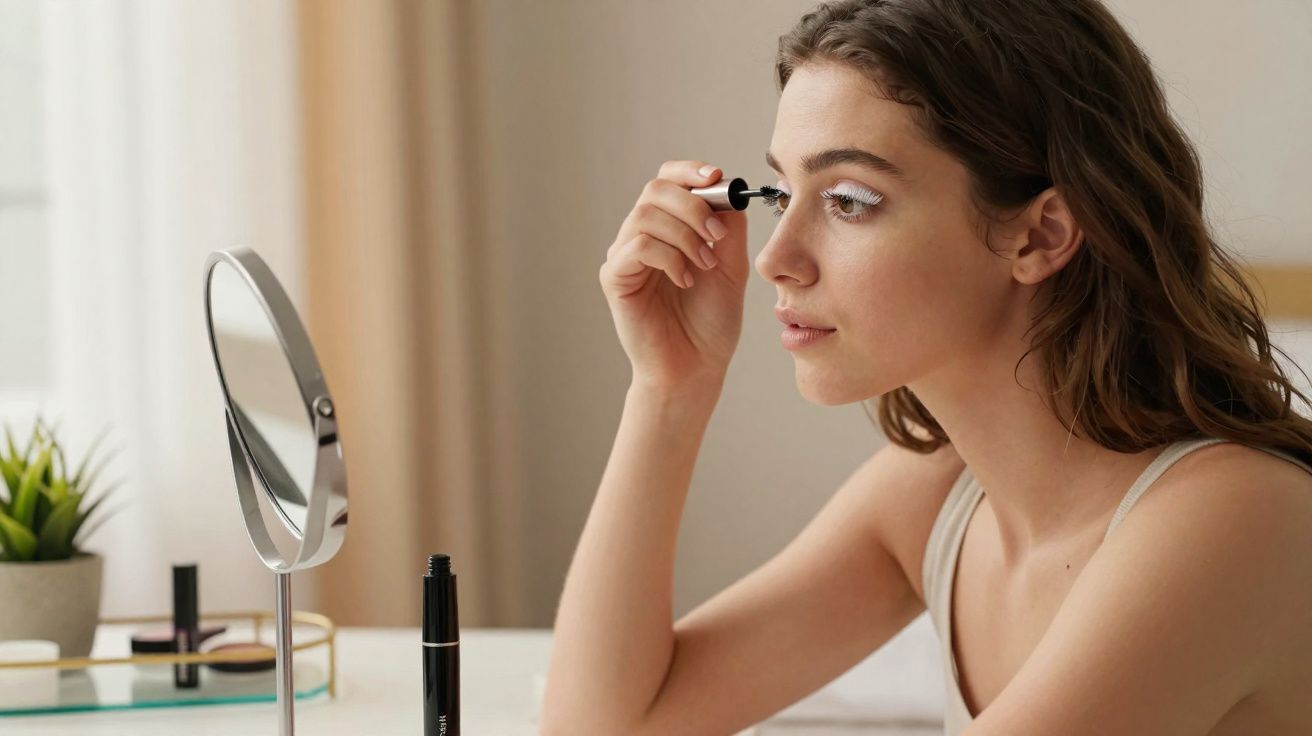 Mulher aplica rímel nos cílios olhando para espelho de mesa em ambiente claro e tranquilo.