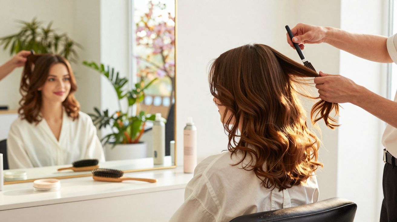 Mulher sentada em salão tendo os cabelos tratados por profissional com pincel.
