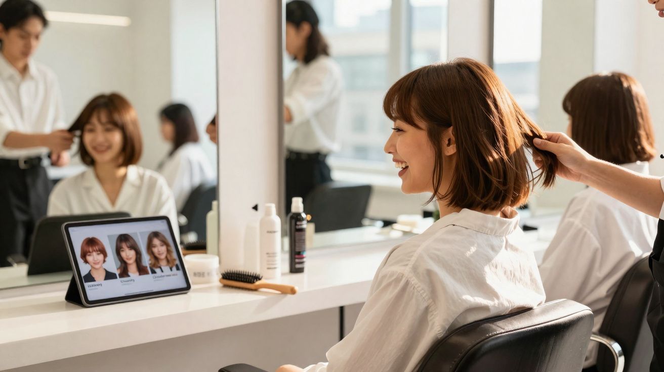 Mulher sorridente em salão de beleza, experimentando novo corte de cabelo com cabeleireiro ao lado.