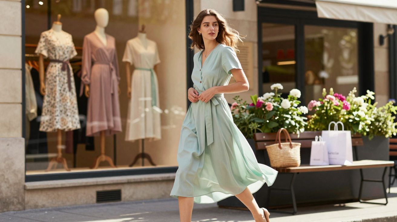 Mulher caminhando com vestido azul claro esvoaçante em calçada próxima a vitrine de loja de roupas femininas.